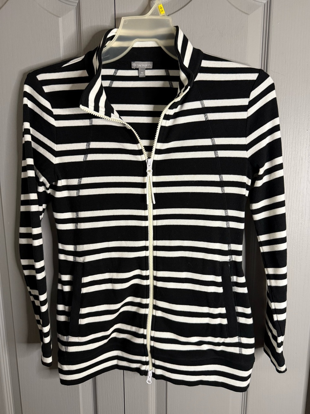 Talbots Black and White Striped Women's zip-Up Sweater